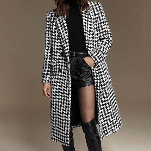 Black And White Elegant Women's Cinched Waist Houndstooth Jacket - Picture 1 of 8